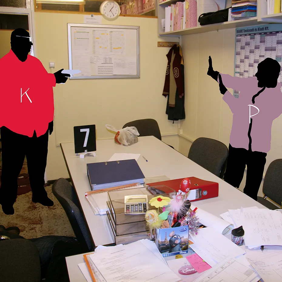 True Crime Akadémia bűnügyi rekonstrukció, a csepeli kettős gyilkosság irodai jelenetének modellezése helyszínelési jelölésekkel és szereplőkkel.