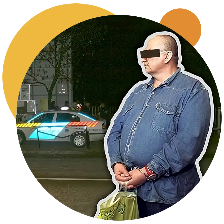 A csepeli kettős gyilkosság elkövetője rendőrségi helyszíneléssel a háttérben, illusztrált kompozícióban.