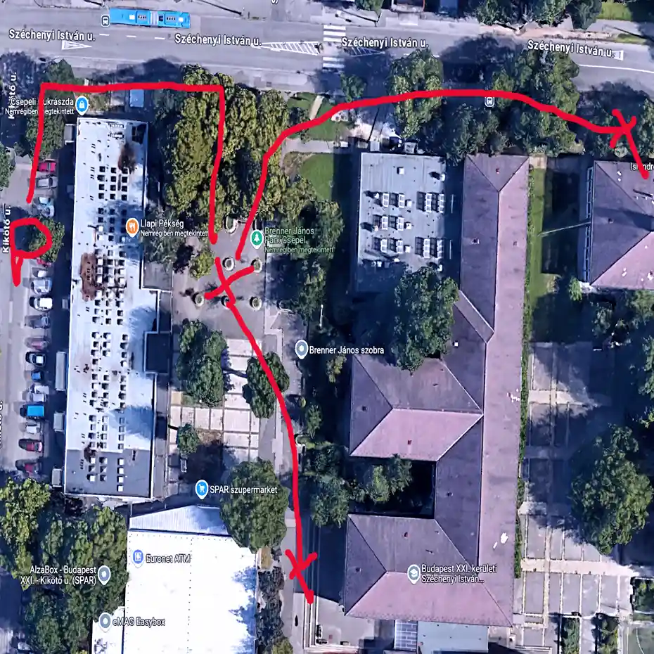 True Crime Akadémia tematikus séta útvonala. A csepeli kettős gyilkosság tematikus séta helyszíneit bemutató térkép nyilakkal és jelölésekkel.