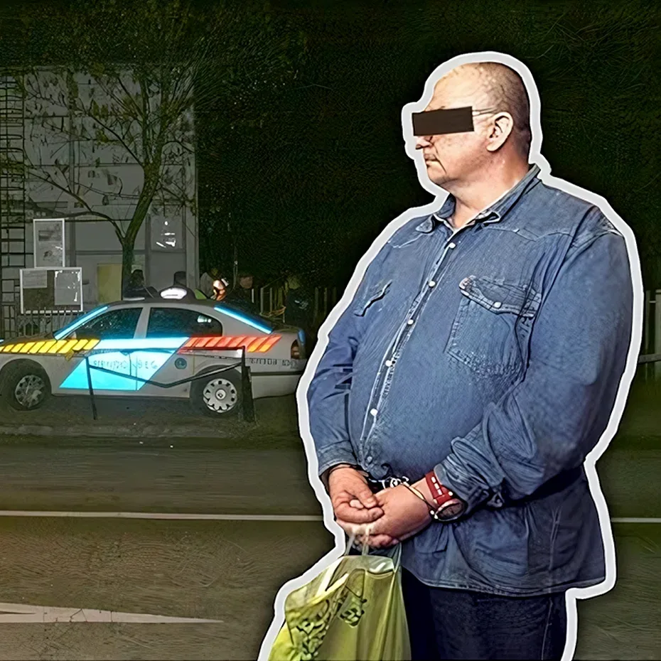 A csepeli kettős gyilkosság elkövetője rendőrségi helyszíneléssel a háttérben, illusztrált kompozícióban.