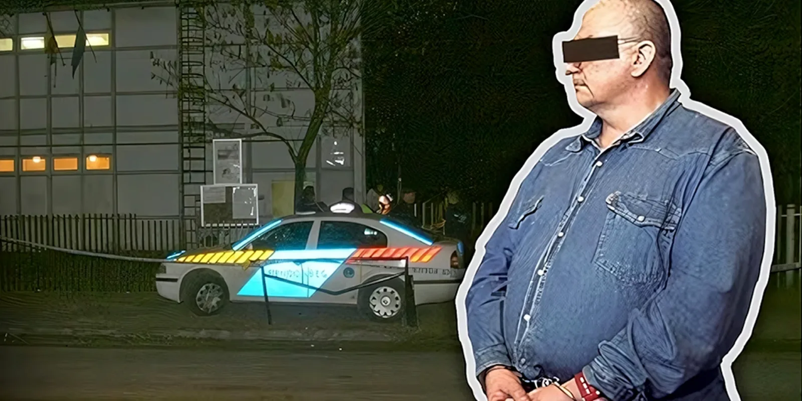 A csepeli kettős gyilkosság elkövetője, háttérben rendőrségi helyszínelés az iskolánál.