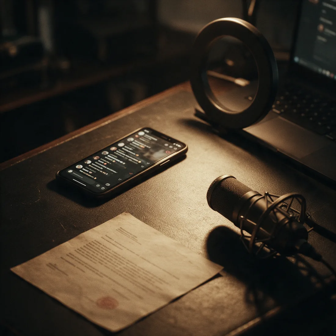 Okostelefon kommentáradattal, podcastmikrofon és lepecsételt jogi levél egy tartalomgyártó asztalán
