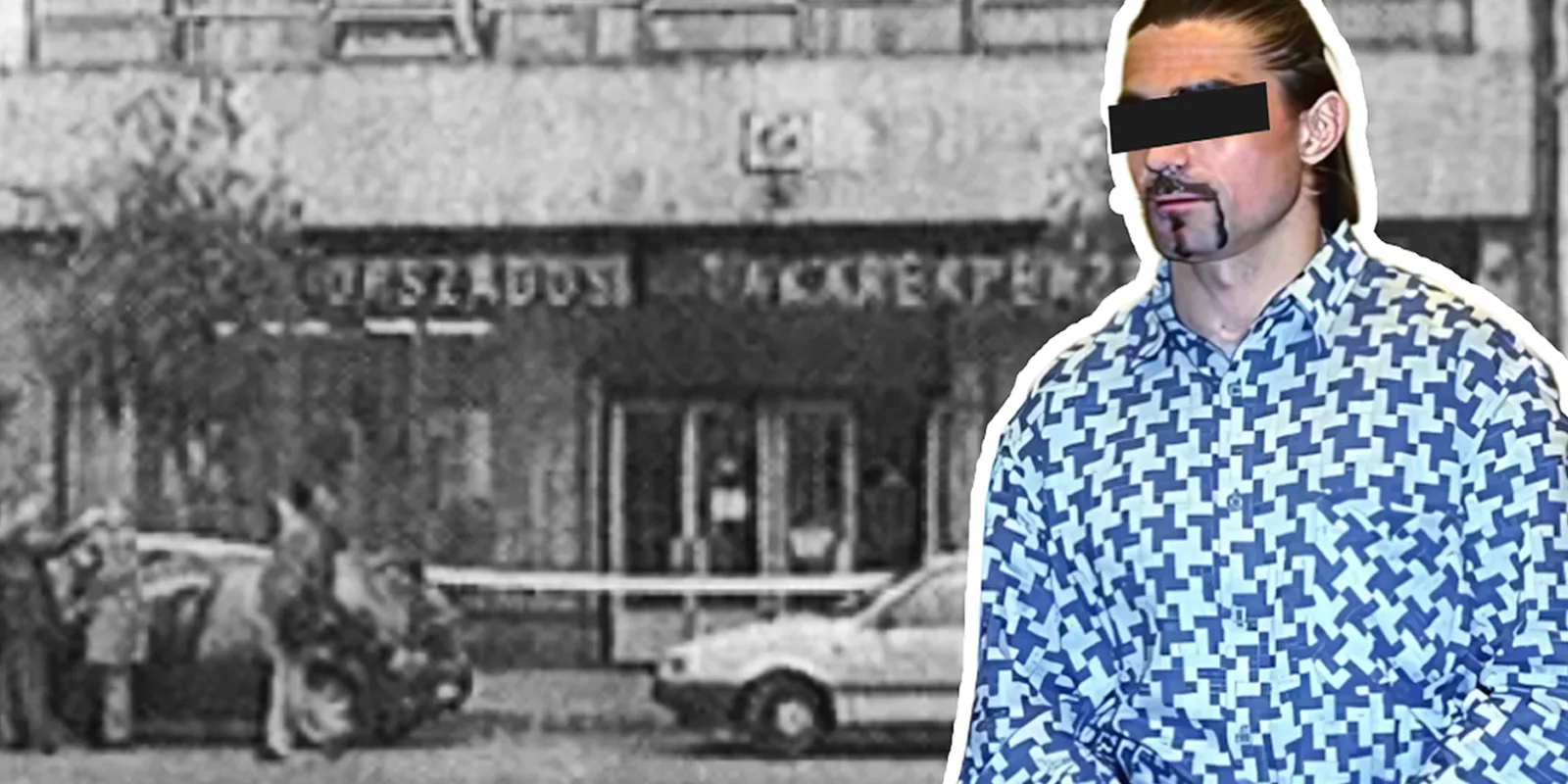 Ambrus Attila, a Viszkis rabló, háttérben a soroksári takarékpénztár.