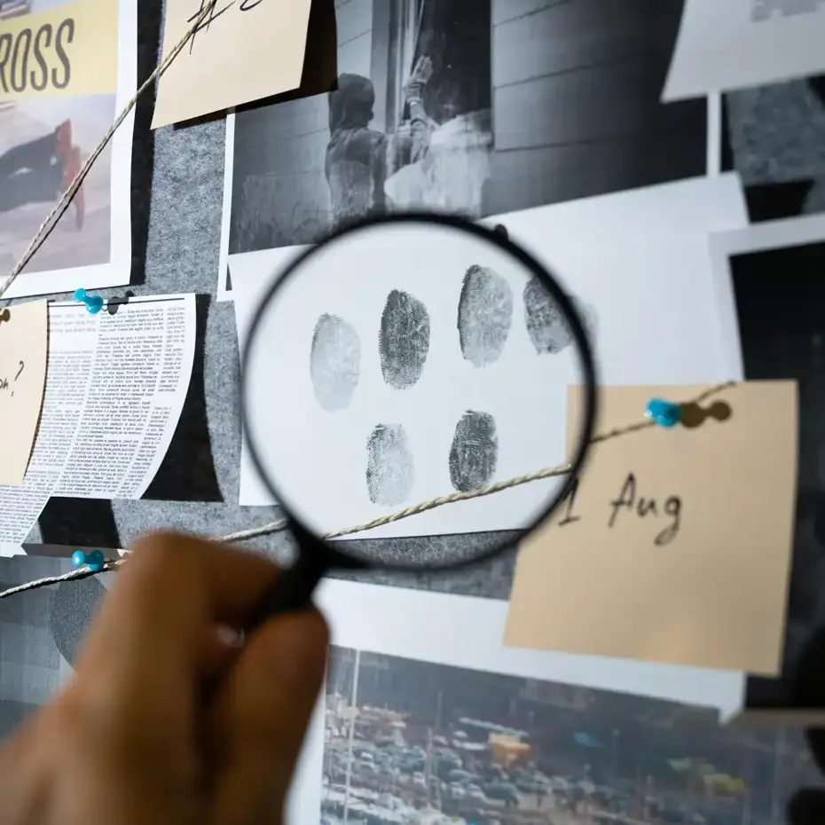 True Crime Akadémia bűnügyi kutatás, ujjlenyomatokat vizsgáló nyomozó egy táblán, összekötött bizonyítékokkal és fotókkal.