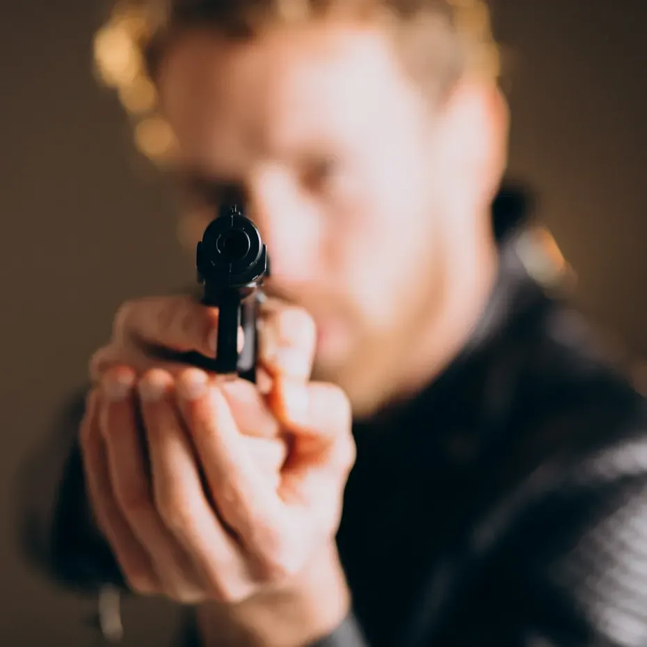 True Crime Akadémia íráskurzus, bűnügyi karakteralkotás, lövésre emelt pisztoly egy krimiszereplő megformálása.