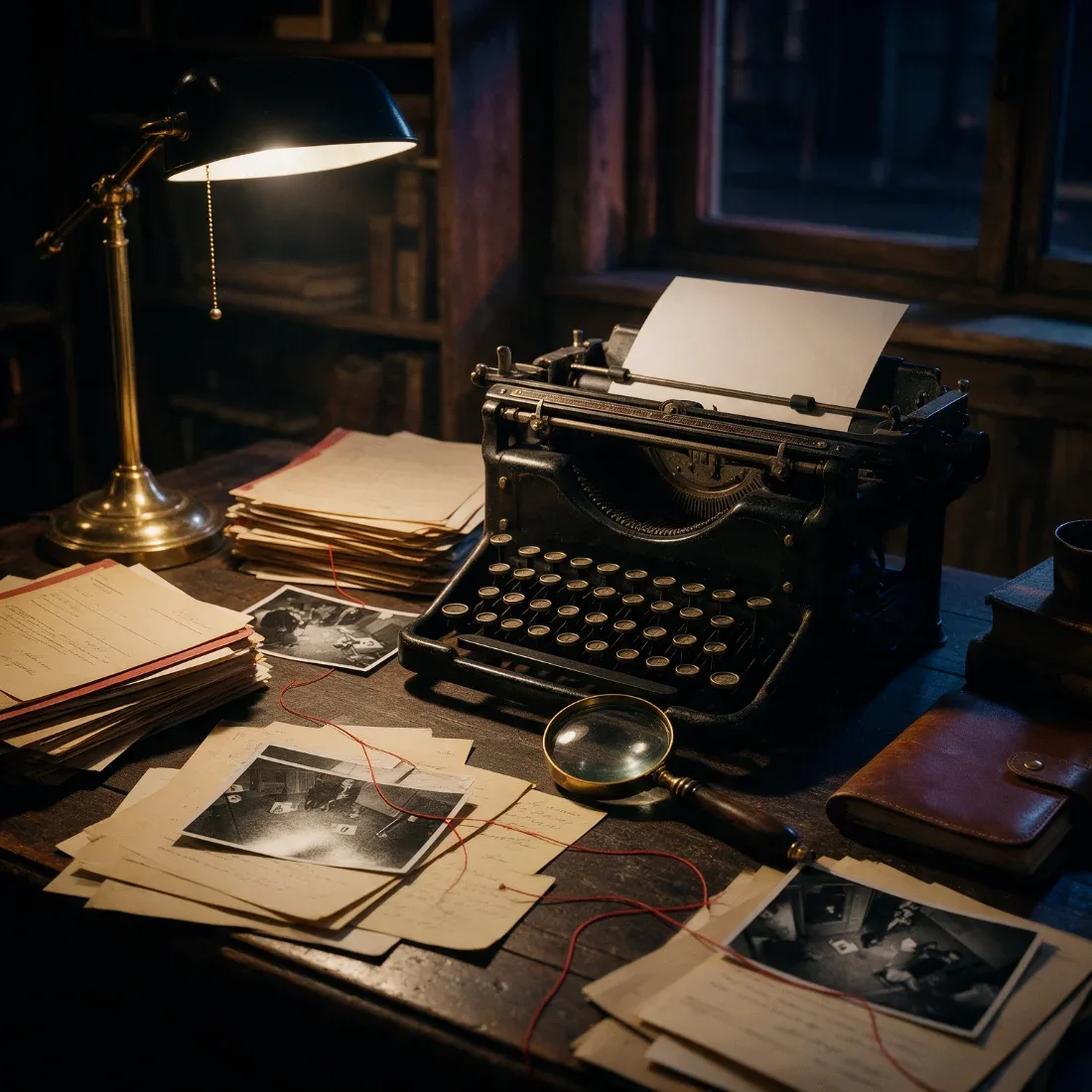 True Crime Akadémia, film és regényírás tanfolyam vintage írógéppel és kézzel írt jegyzetekkel a történetalkotás hangulatában.