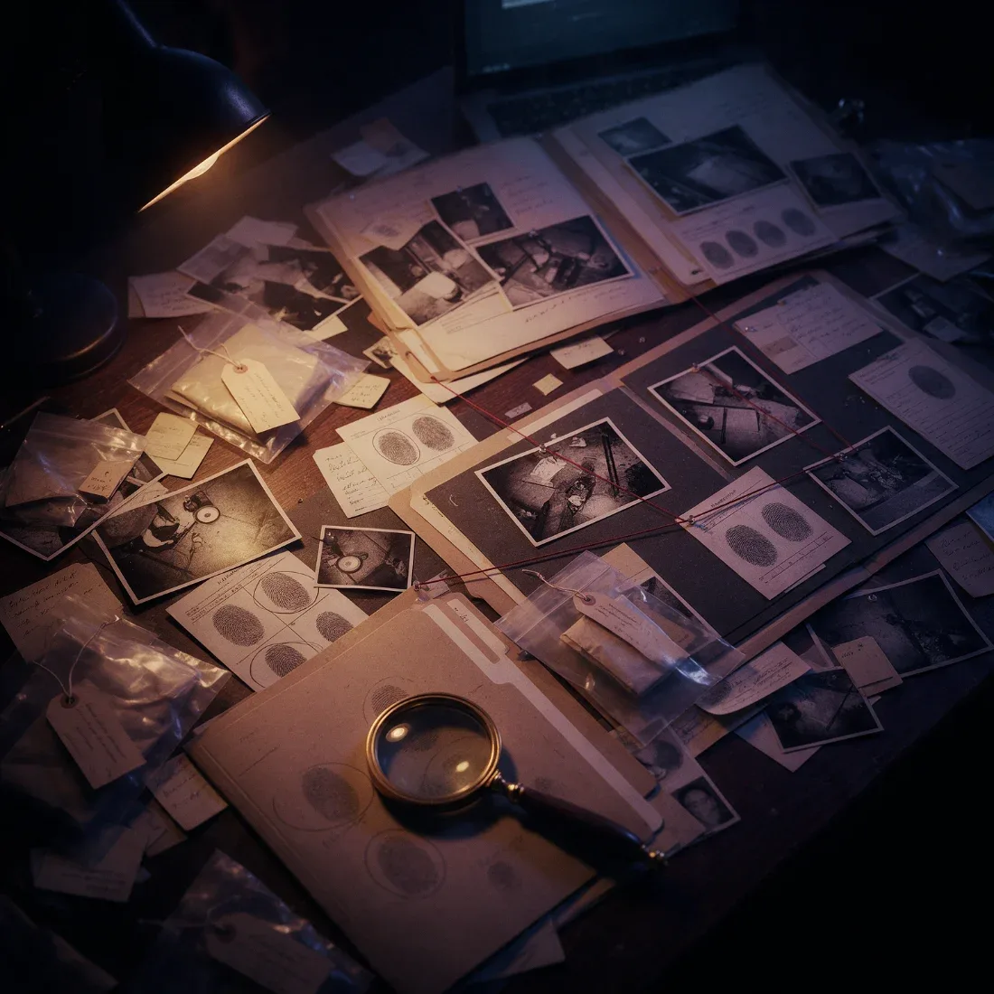 True Crime Akadémia online íráskurzus, nyomozati anyagok, bizonyítékok, akták és nagyító egy íróasztalon.